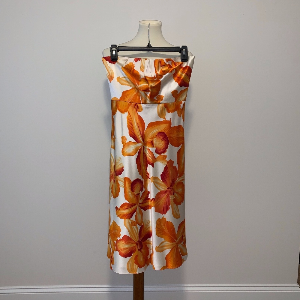 Banana Republic Orange Floral Print 100% Silk Strapless Size 0